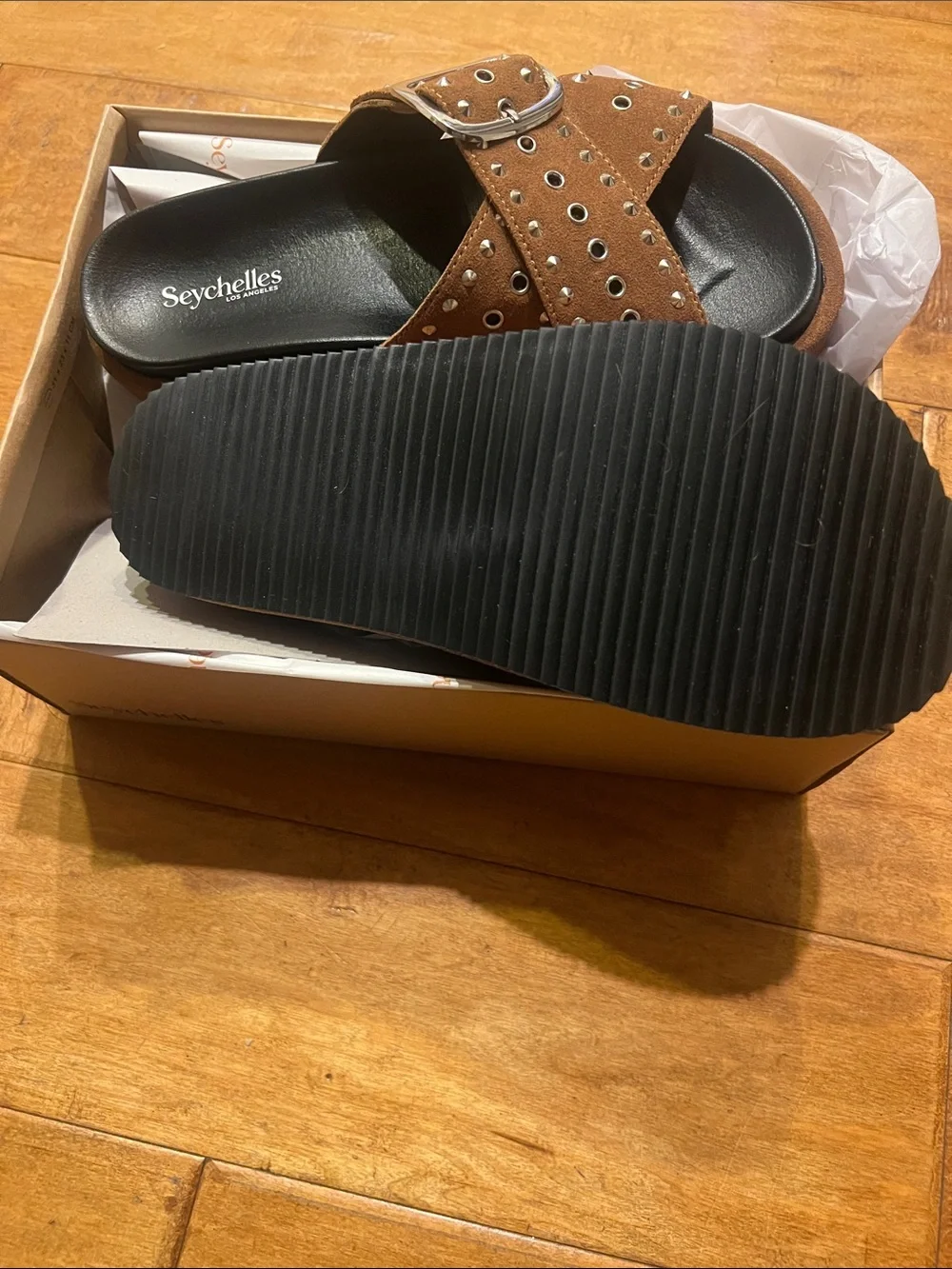 Seychelles Tan Suede Crisscross Slide Sandals with Silver Studs